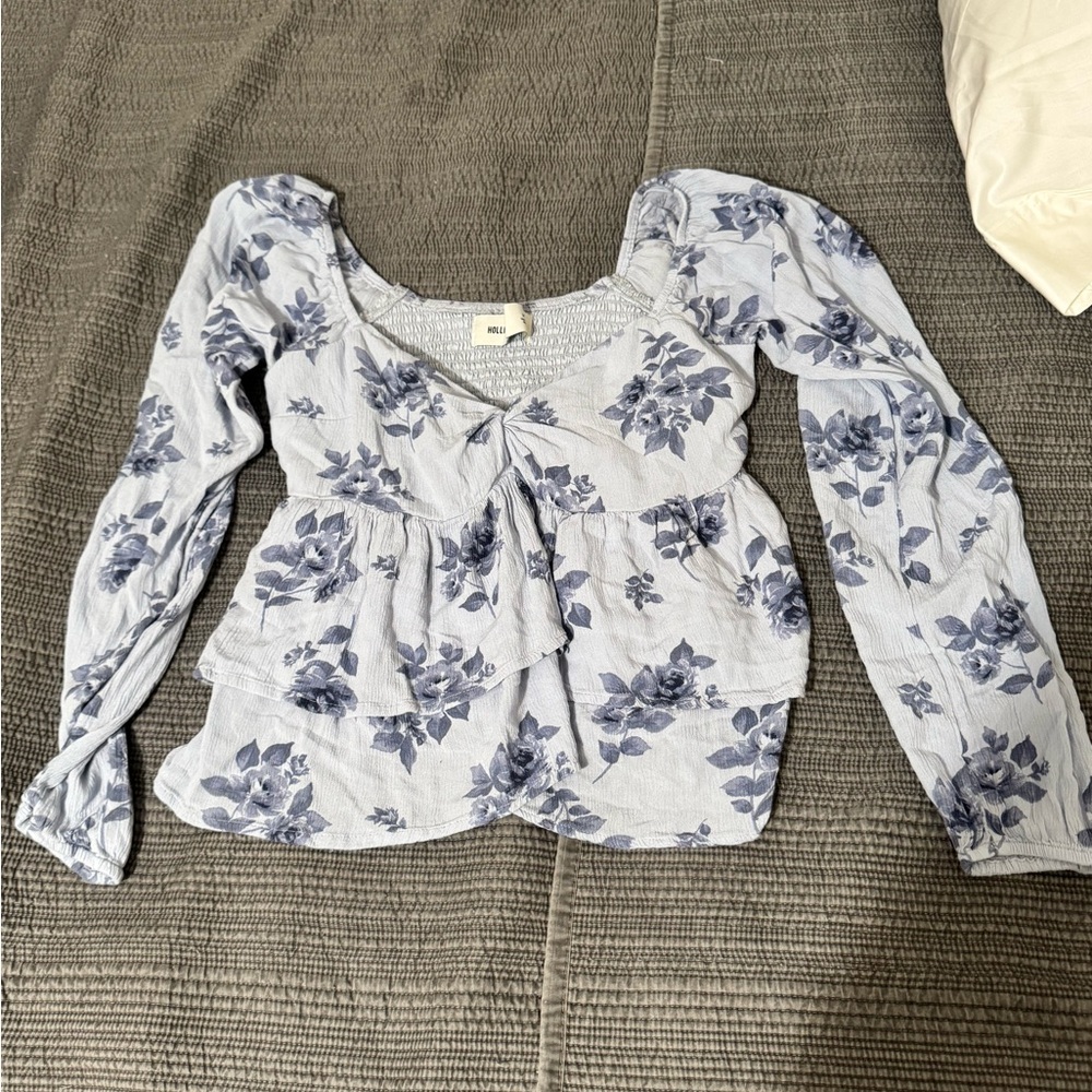 Hollister Light Blue Floral Peplum Blouse